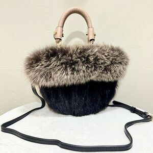Colorblock Handmade Real Mink Fur & Fox Fur Removable leather Handles Bag